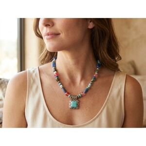 Sterling Silver 925 Turquoise Signed PSD Thailand Multi-Stone‎ Beaded Necklace